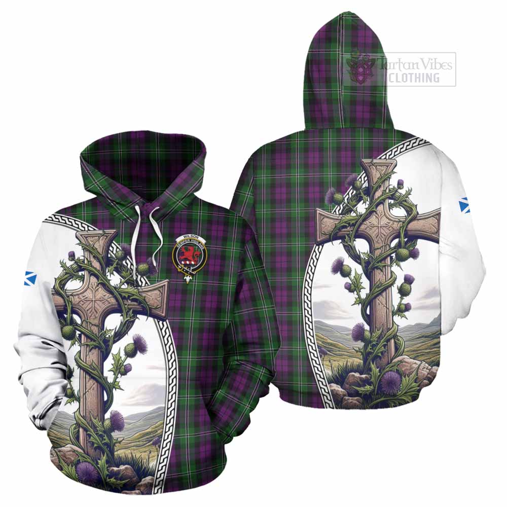 Tartan Vibes Clothing Wilson Tartan Hoodie with Family Crest and St. Andrew's Cross Accented by Thistle Vines