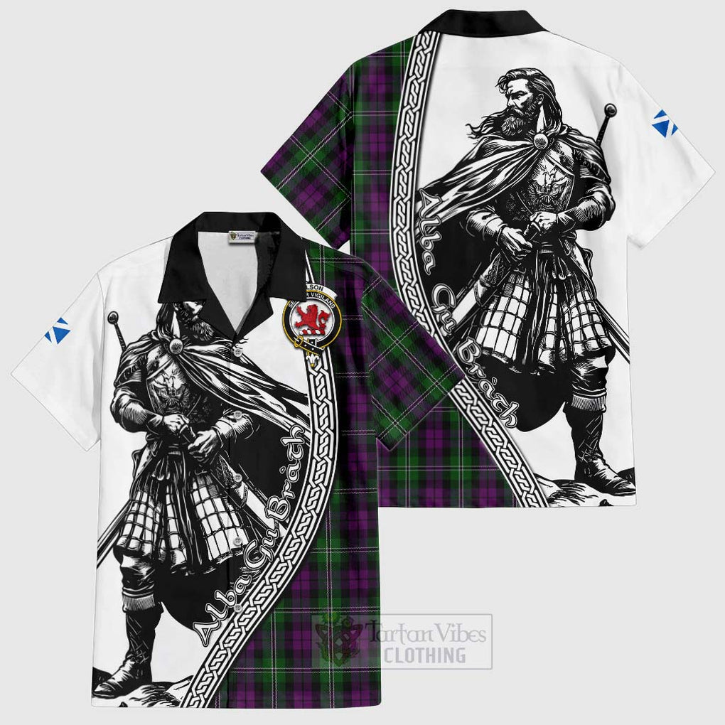 Tartan Vibes Clothing Wilson Tartan Clan Crest Short Sleeve Button Shirt with Highlander Warrior Celtic Style