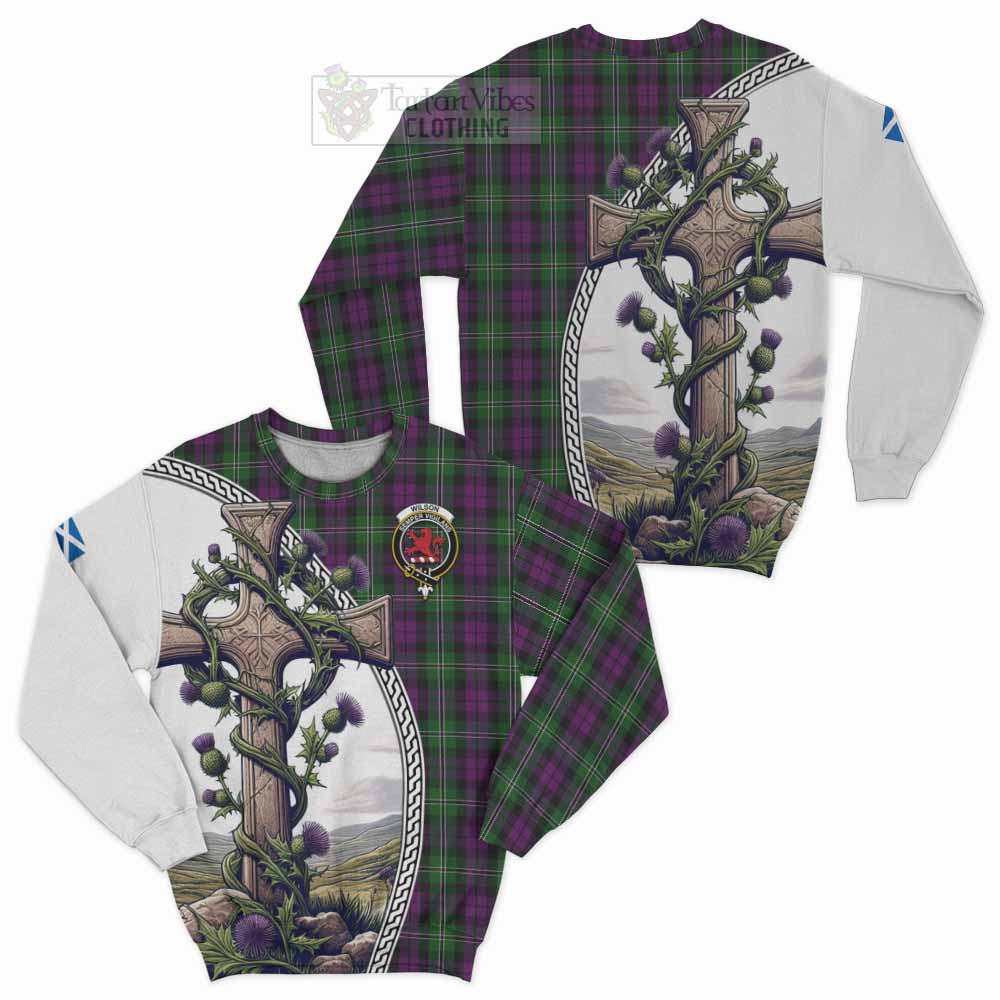 Tartan Vibes Clothing Wilson Tartan Sweatshirt with Family Crest and St. Andrew's Cross Accented by Thistle Vines