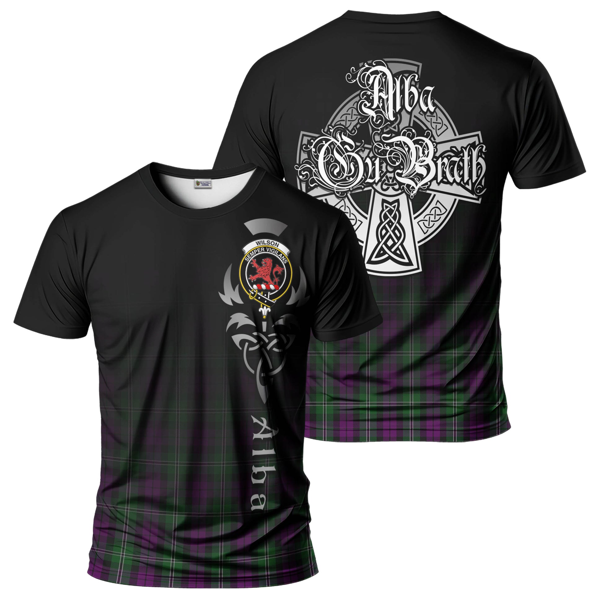 Tartan Vibes Clothing Wilson Tartan T-Shirt Featuring Alba Gu Brath Family Crest Celtic Inspired