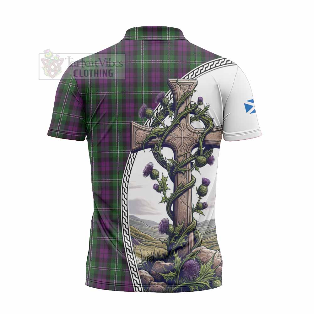 Tartan Vibes Clothing Wilson Tartan Zipper Polo Shirt with Family Crest and St. Andrew's Cross Accented by Thistle Vines