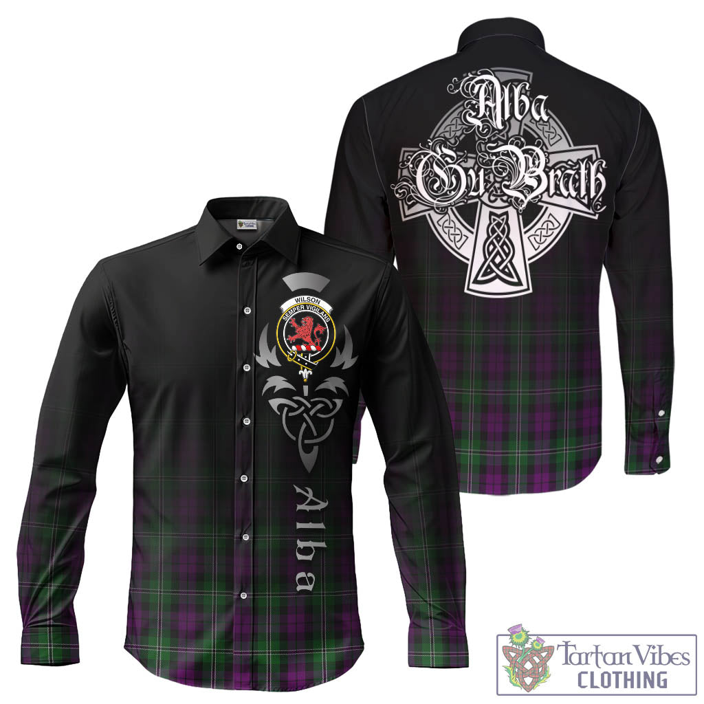 Tartan Vibes Clothing Wilson Tartan Long Sleeve Button Up Featuring Alba Gu Brath Family Crest Celtic Inspired