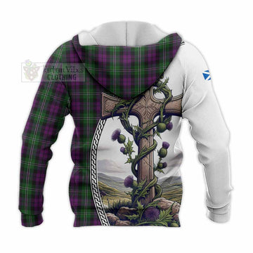 Wilson Tartan Knitted Hoodie with Family Crest and St. Andrew's Cross Accented by Thistle Vines