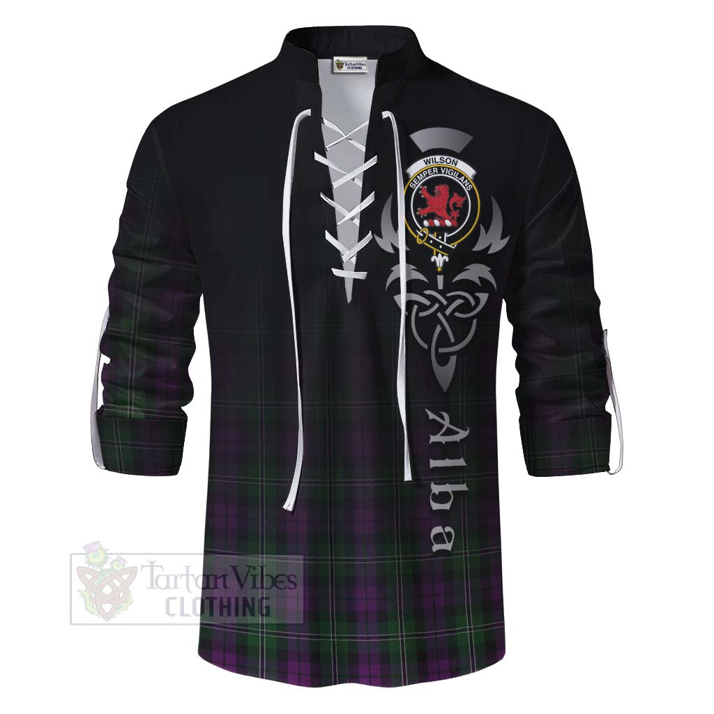 Tartan Vibes Clothing Wilson Tartan Ghillie Kilt Shirt Featuring Alba Gu Brath Family Crest Celtic Inspired