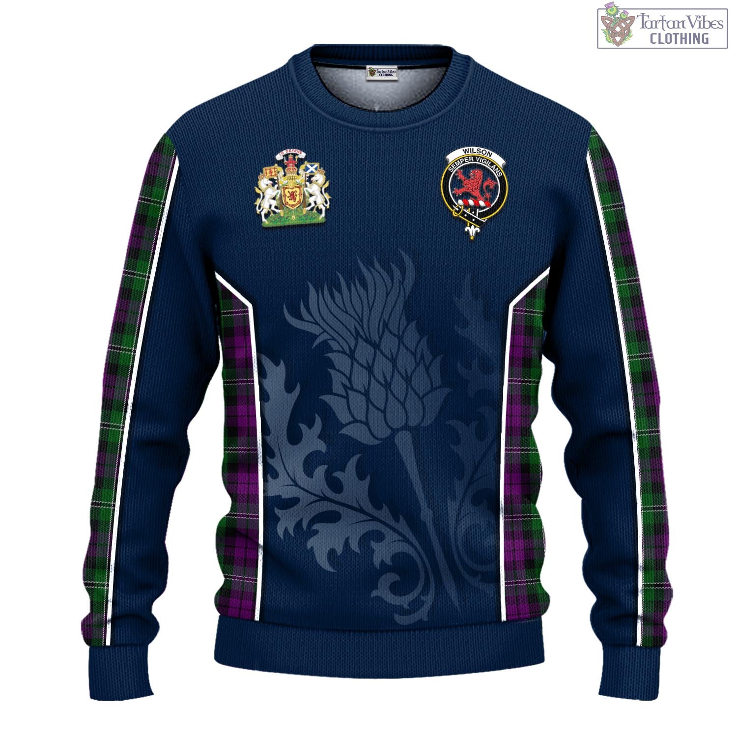 Tartan Vibes Clothing Wilson Tartan Knitted Sweatshirt with Family Crest and Scottish Thistle Vibes Sport Style