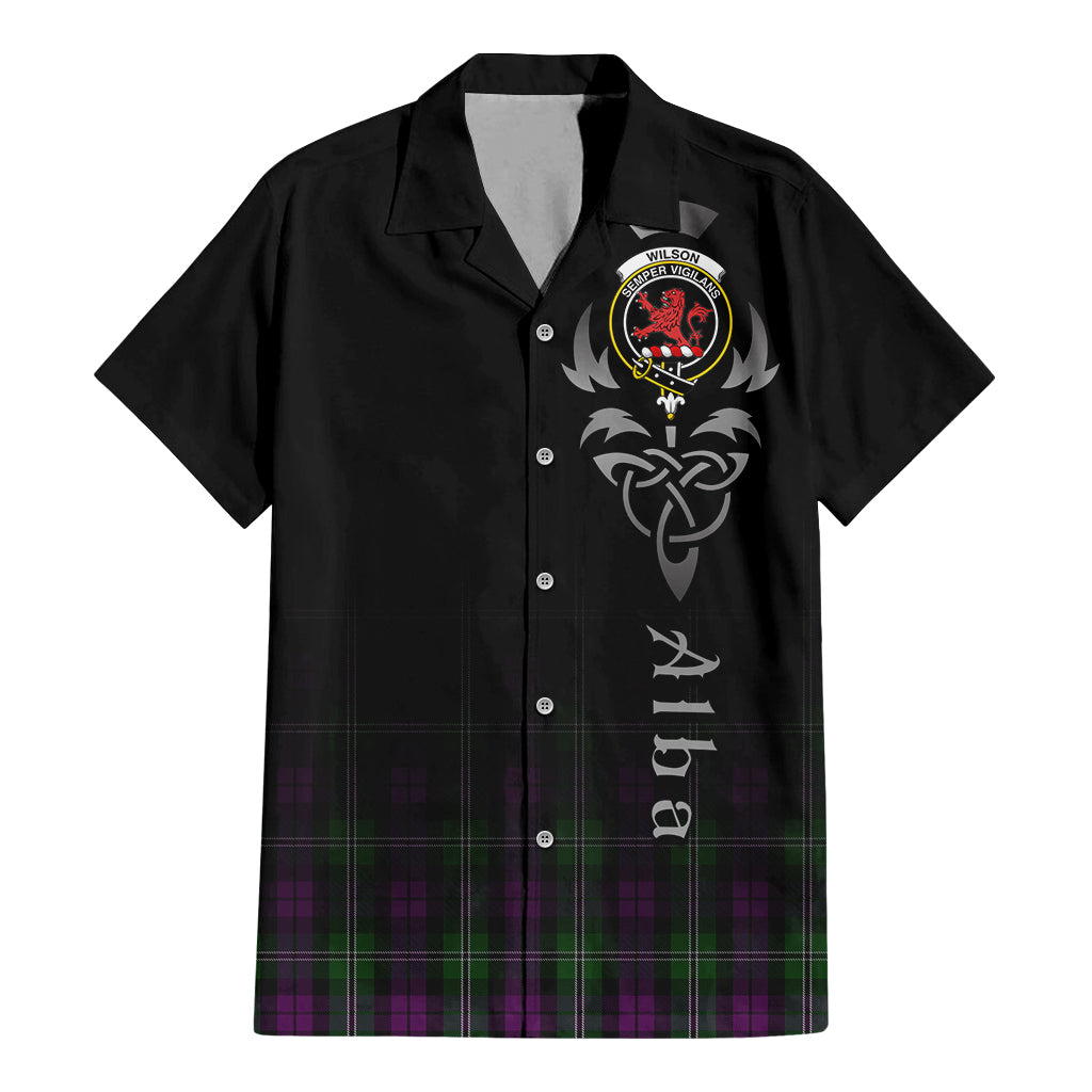 Tartan Vibes Clothing Wilson Tartan Short Sleeve Button Up Featuring Alba Gu Brath Family Crest Celtic Inspired