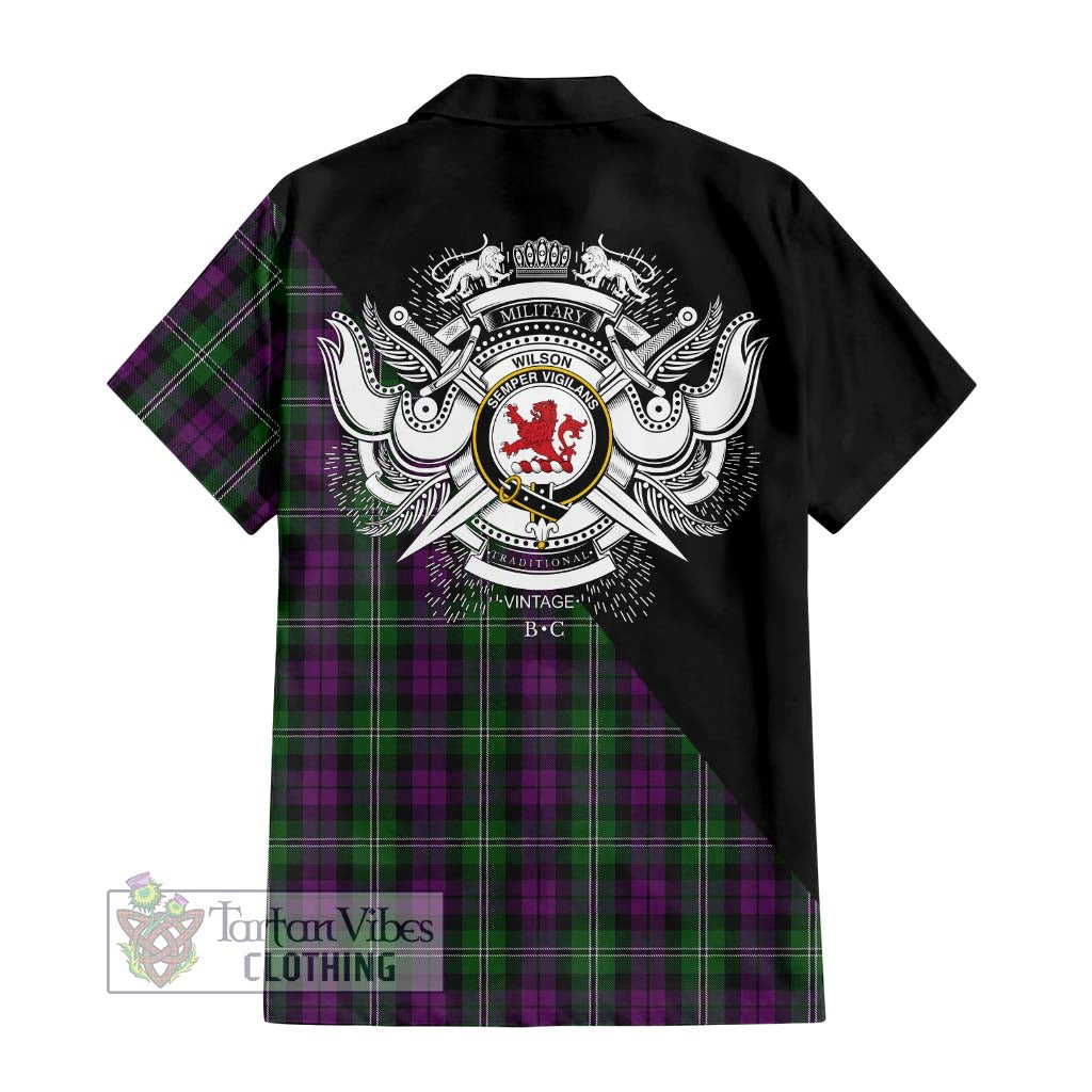 Tartan Vibes Clothing Wilson Tartan Short Sleeve Button Shirt with Family Crest and Military Logo Style