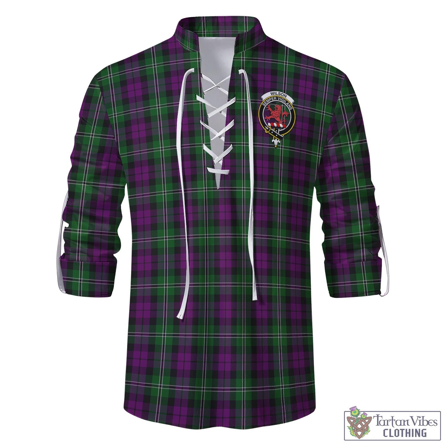 Tartan Vibes Clothing Wilson Tartan Men's Scottish Traditional Jacobite Ghillie Kilt Shirt with Family Crest