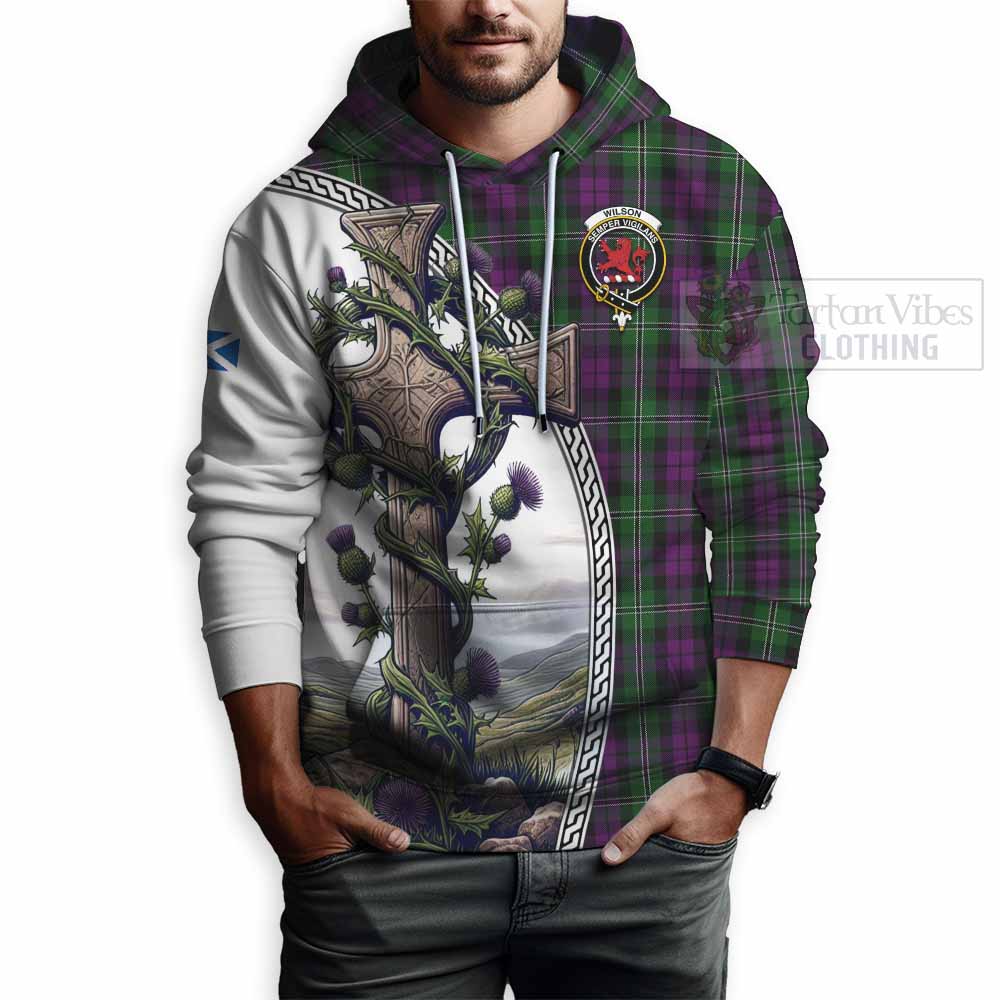 Tartan Vibes Clothing Wilson Tartan Hoodie with Family Crest and St. Andrew's Cross Accented by Thistle Vines