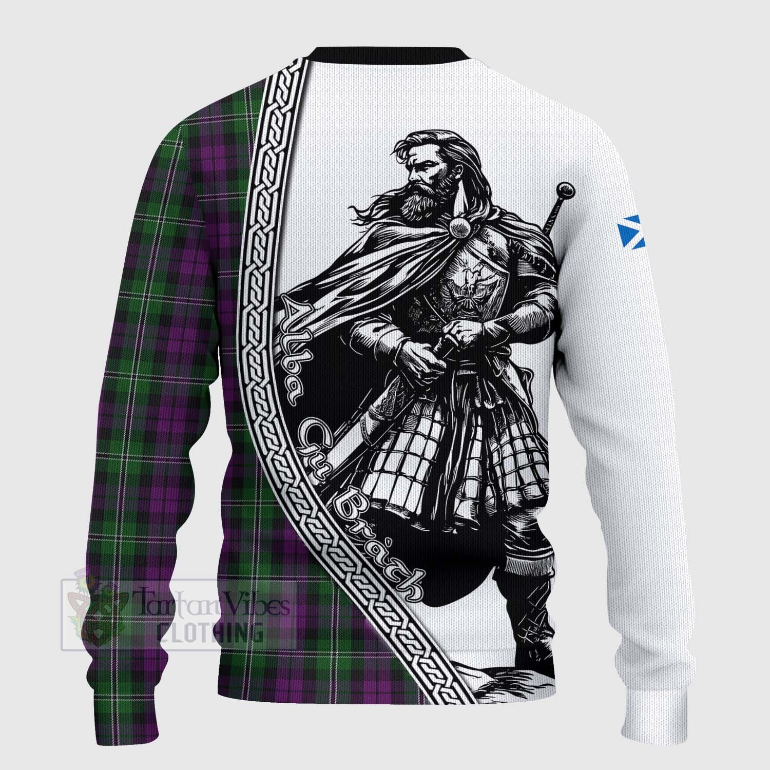 Tartan Vibes Clothing Wilson Tartan Clan Crest Knitted Sweater with Highlander Warrior Celtic Style