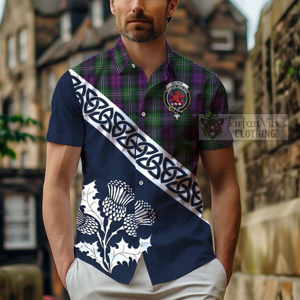 Tartan Vibes Clothing Wilson Tartan Short Sleeve Button Shirt Featuring Thistle and Scotland Map