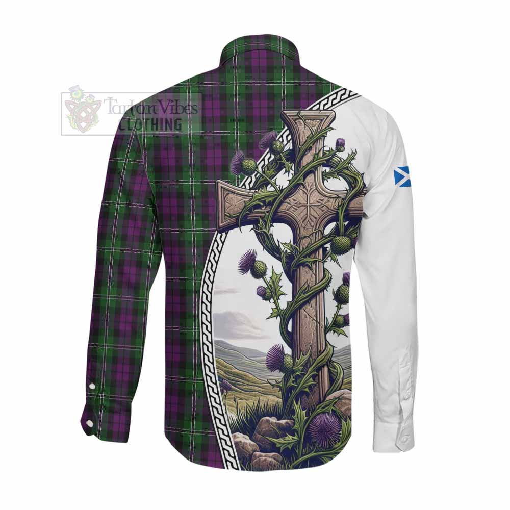 Tartan Vibes Clothing Wilson Tartan Long Sleeve Button Shirt with Family Crest and St. Andrew's Cross Accented by Thistle Vines