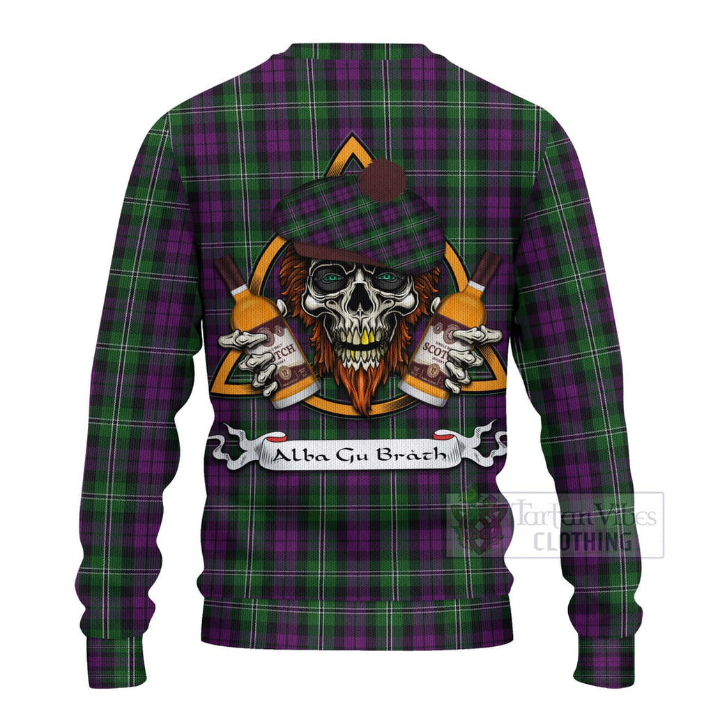 Tartan Vibes Clothing Wilson Tartan Knitted Sweater with Family Crest and Bearded Skull Holding Bottles of Whiskey