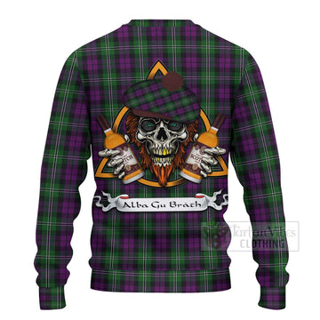 Wilson Tartan Ugly Sweater with Family Crest and Bearded Skull Holding Bottles of Whiskey