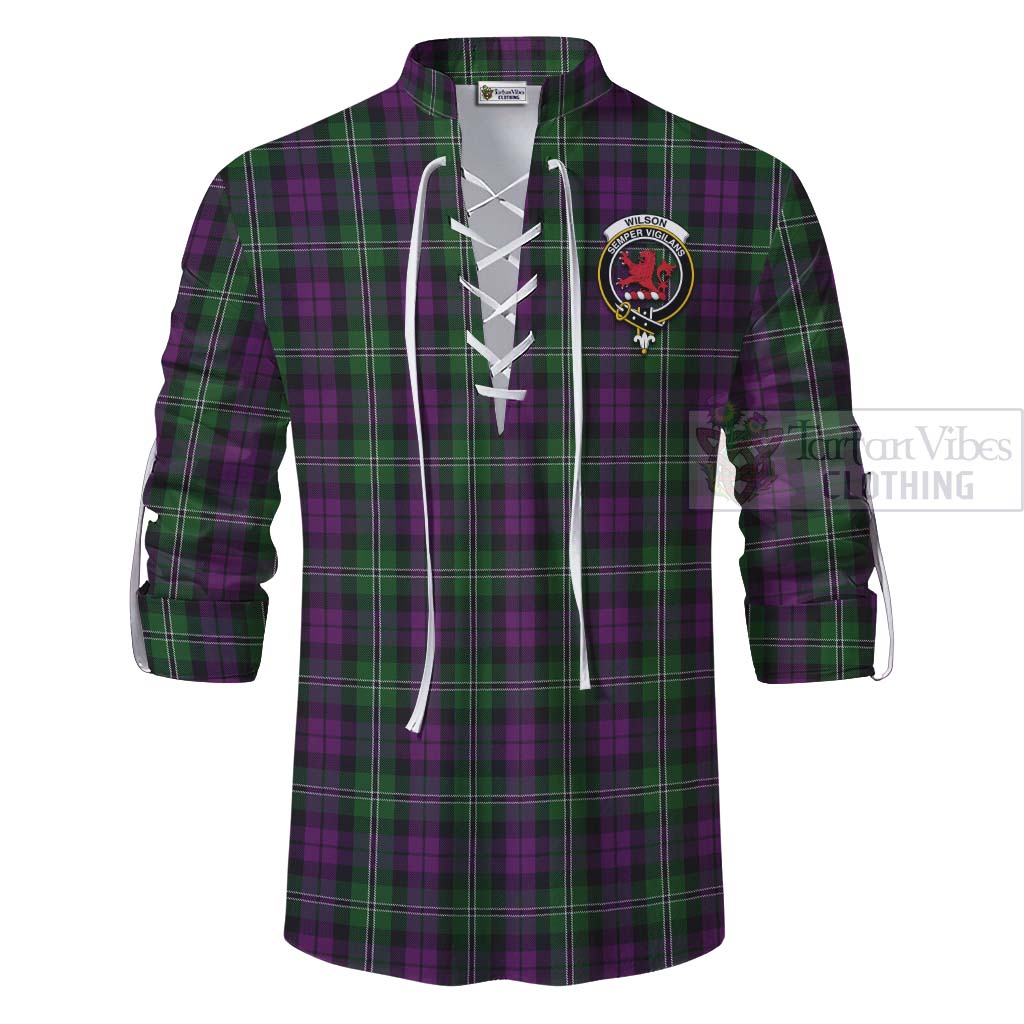 Tartan Vibes Clothing Wilson Tartan Ghillie Kilt Shirt with Family Crest Celtic Skull Style