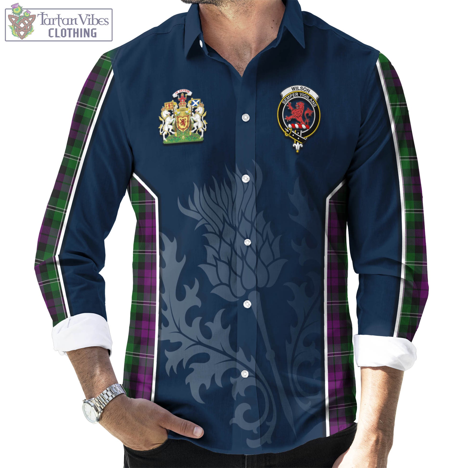 Tartan Vibes Clothing Wilson Tartan Long Sleeve Button Up Shirt with Family Crest and Scottish Thistle Vibes Sport Style