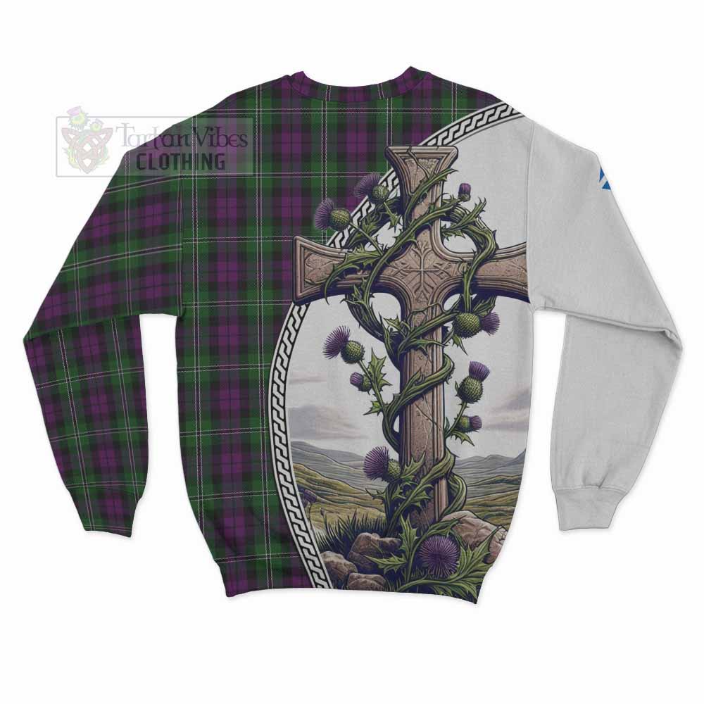 Tartan Vibes Clothing Wilson Tartan Sweatshirt with Family Crest and St. Andrew's Cross Accented by Thistle Vines