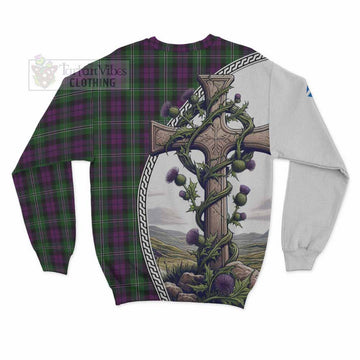 Wilson Tartan Sweatshirt with Family Crest and St. Andrew's Cross Accented by Thistle Vines