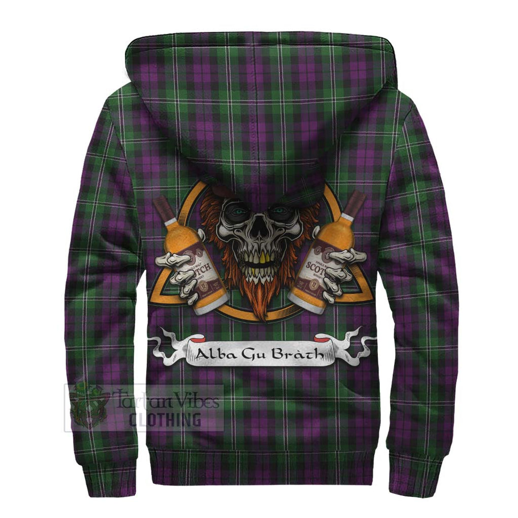 Tartan Vibes Clothing Wilson Tartan Sherpa Hoodie with Family Crest and Bearded Skull Holding Bottles of Whiskey