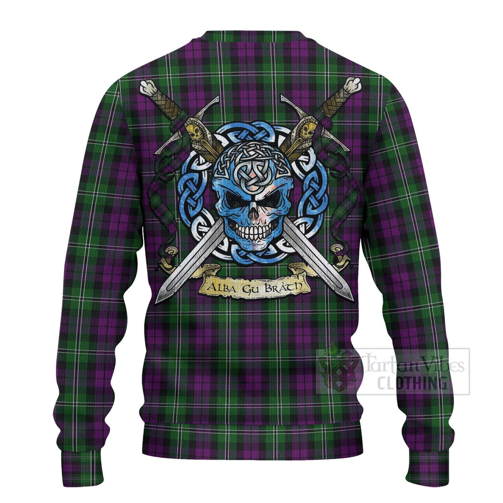 Tartan Vibes Clothing Wilson Tartan Knitted Sweater with Family Crest Celtic Skull Style