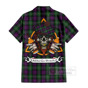 Wilson Tartan Short Sleeve Button Shirt with Family Crest and Bearded Skull Holding Bottles of Whiskey