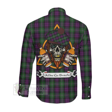 Wilson Tartan Long Sleeve Button Shirt with Family Crest and Bearded Skull Holding Bottles of Whiskey Men's Shirt - Tartan Vibes Clothing