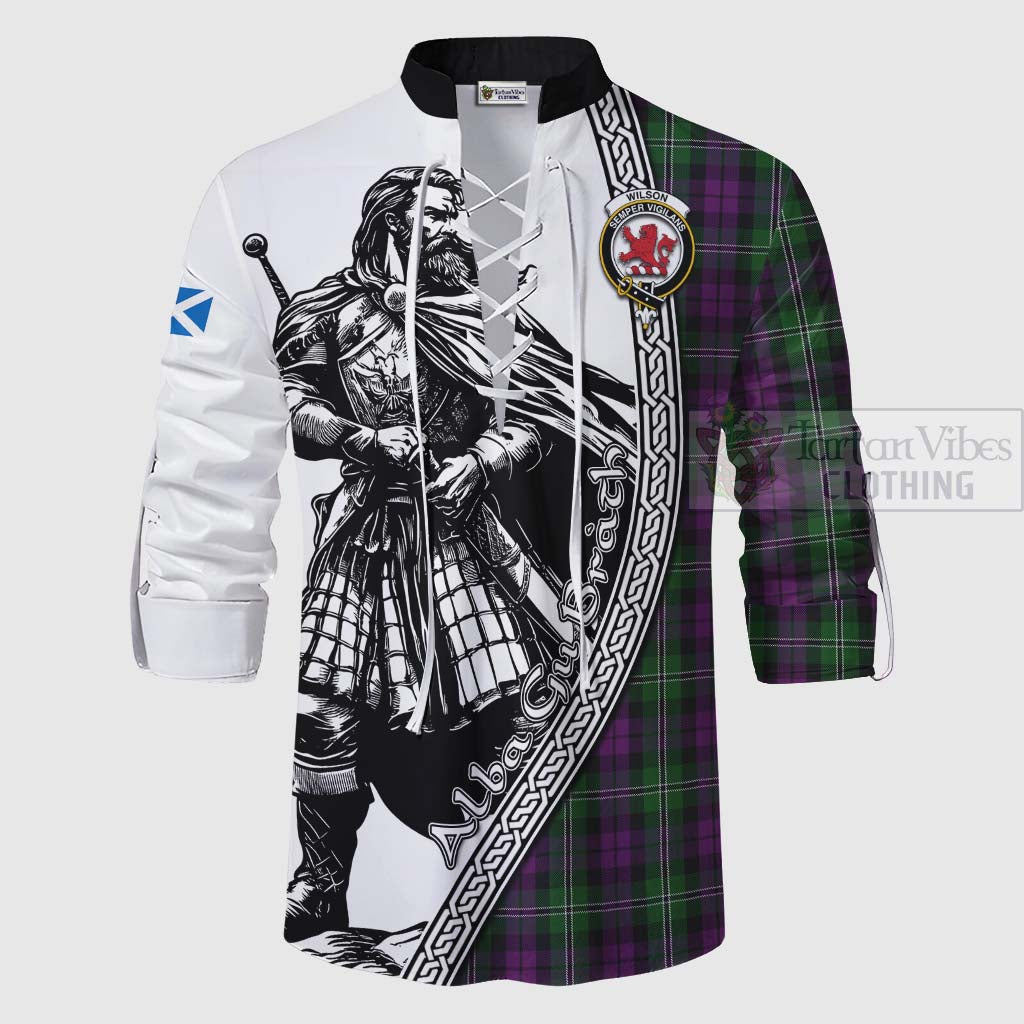 Tartan Vibes Clothing Wilson Tartan Clan Crest Ghillie Kilt Shirt with Highlander Warrior Celtic Style