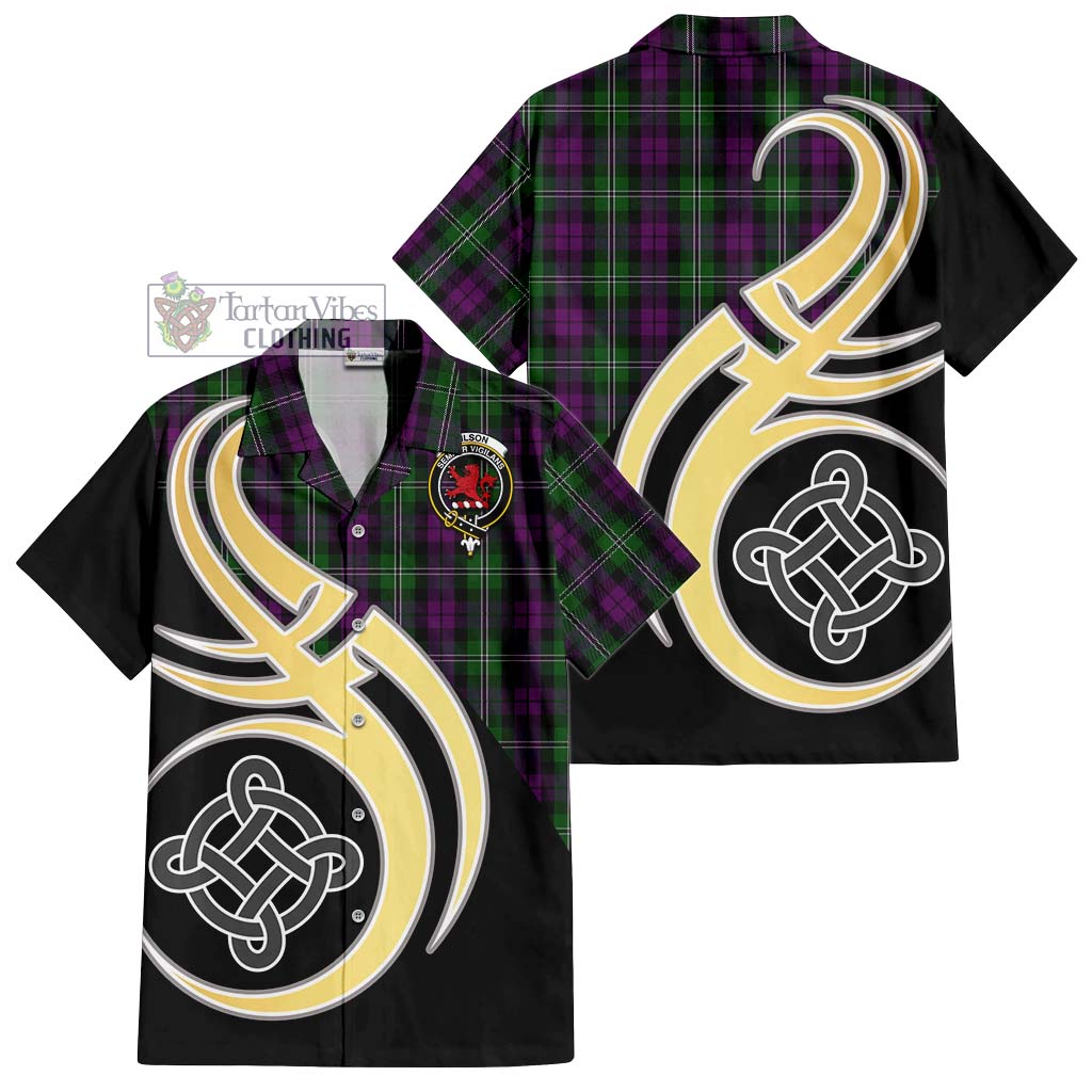 Wilson Tartan Short Sleeve Button Shirt with Family Crest and Celtic Symbol Style - Tartan Vibes Clothing