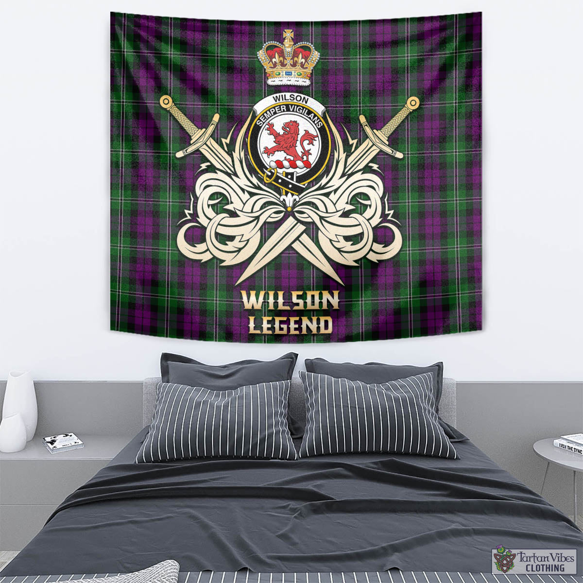 Tartan Vibes Clothing Wilson Tartan Tapestry with Clan Crest and the Golden Sword of Courageous Legacy