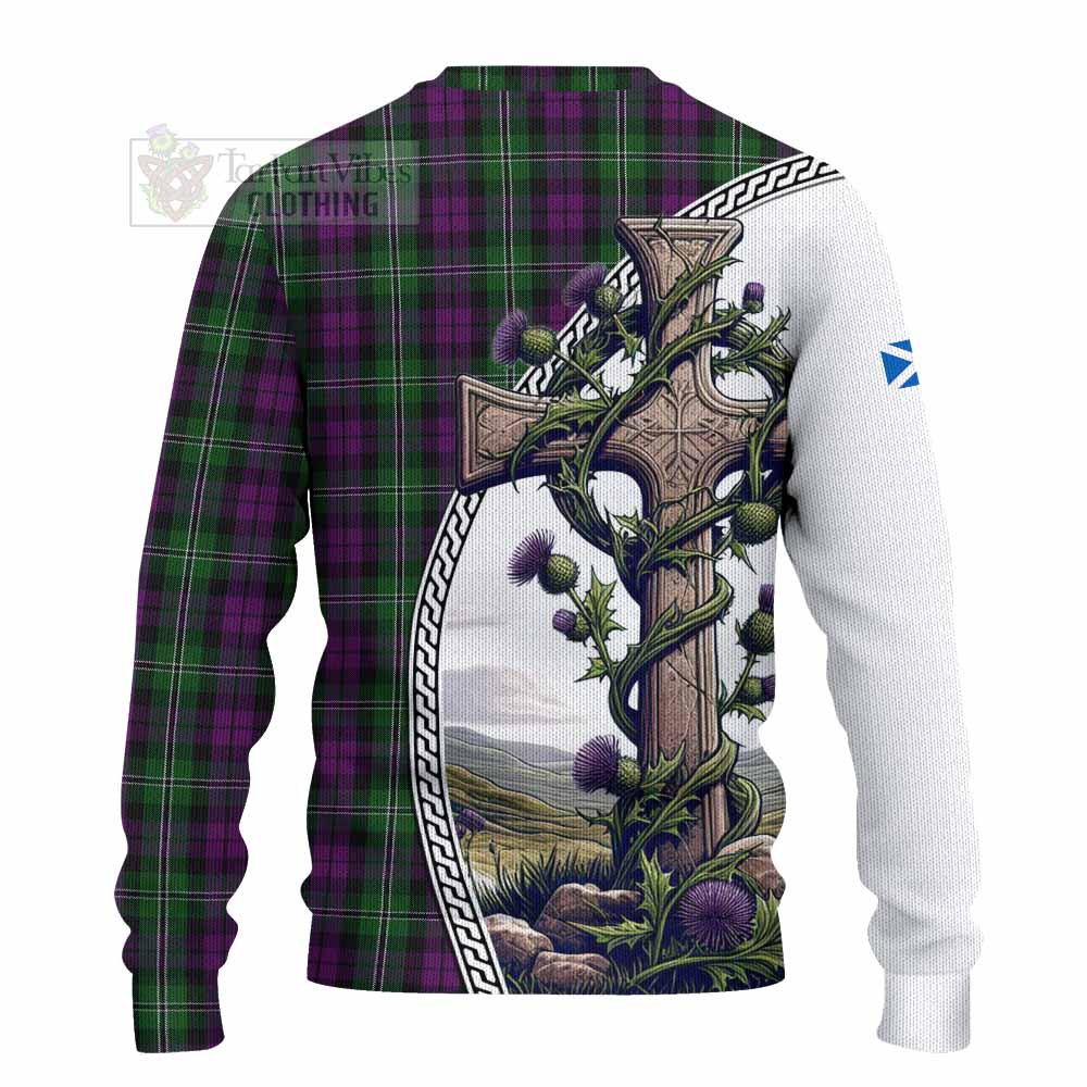 Tartan Vibes Clothing Wilson Tartan Knitted Sweater with Family Crest and St. Andrew's Cross Accented by Thistle Vines