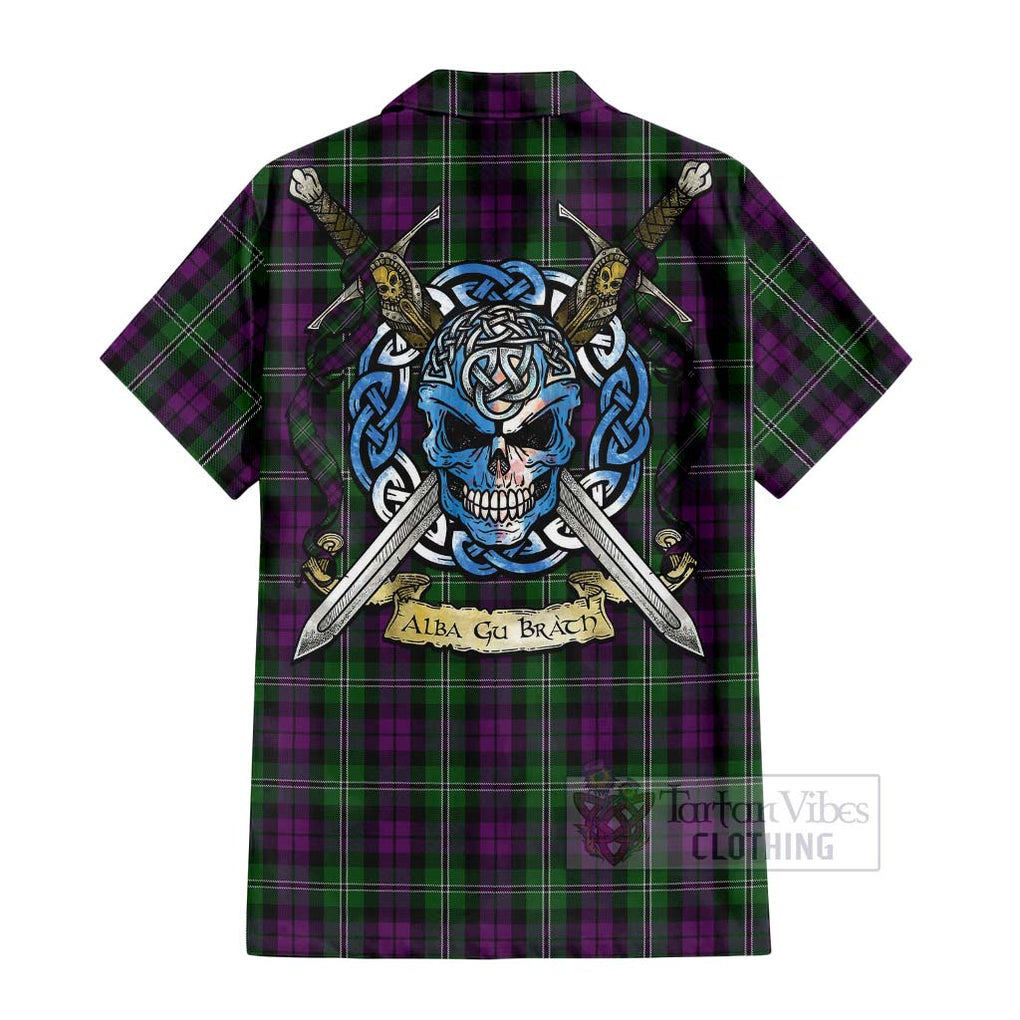 Tartan Vibes Clothing Wilson Tartan Short Sleeve Button Shirt with Family Crest Celtic Skull Style