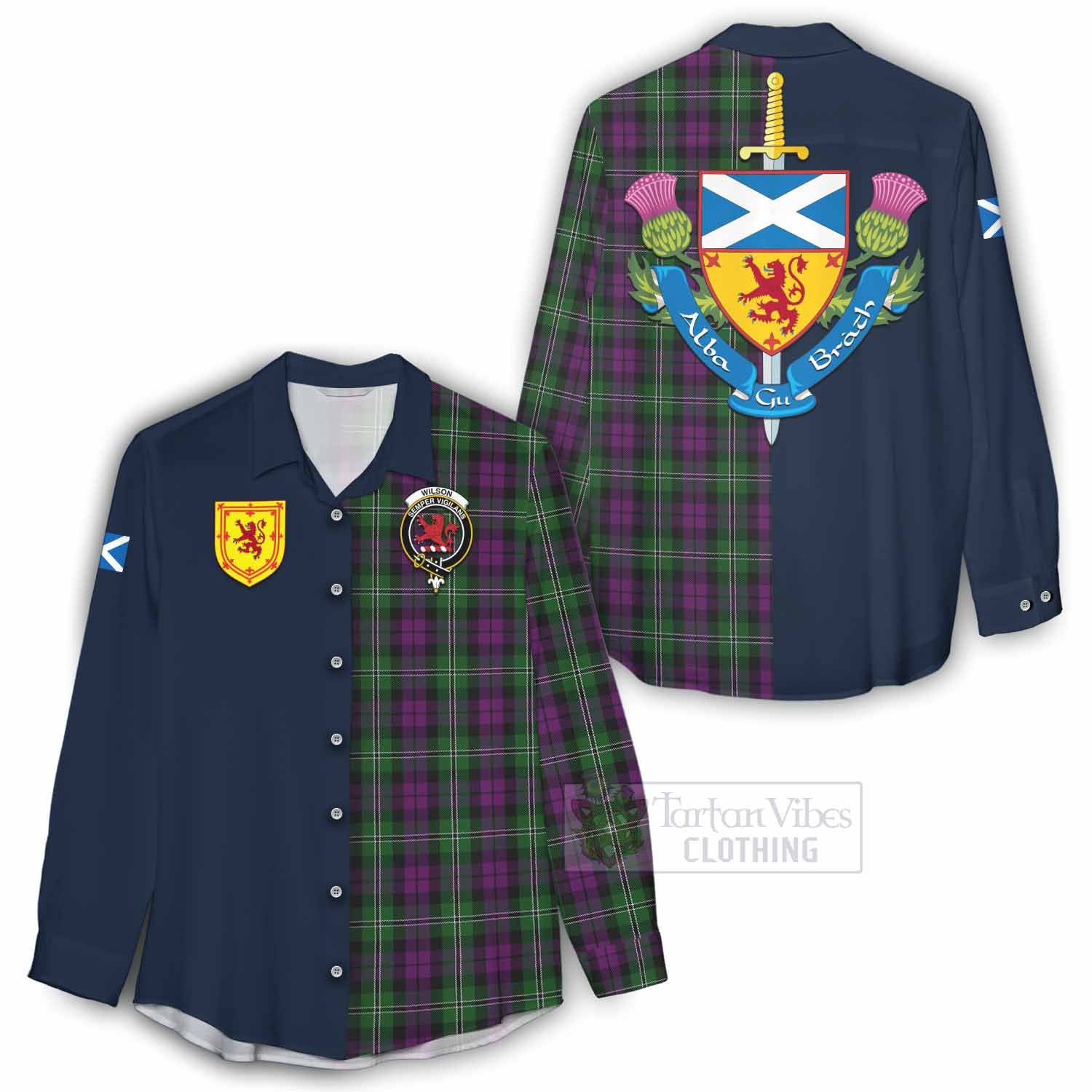 Tartan Vibes Clothing Wilson Tartan Women's Casual Shirt Alba with Scottish Lion Royal Arm Half Style