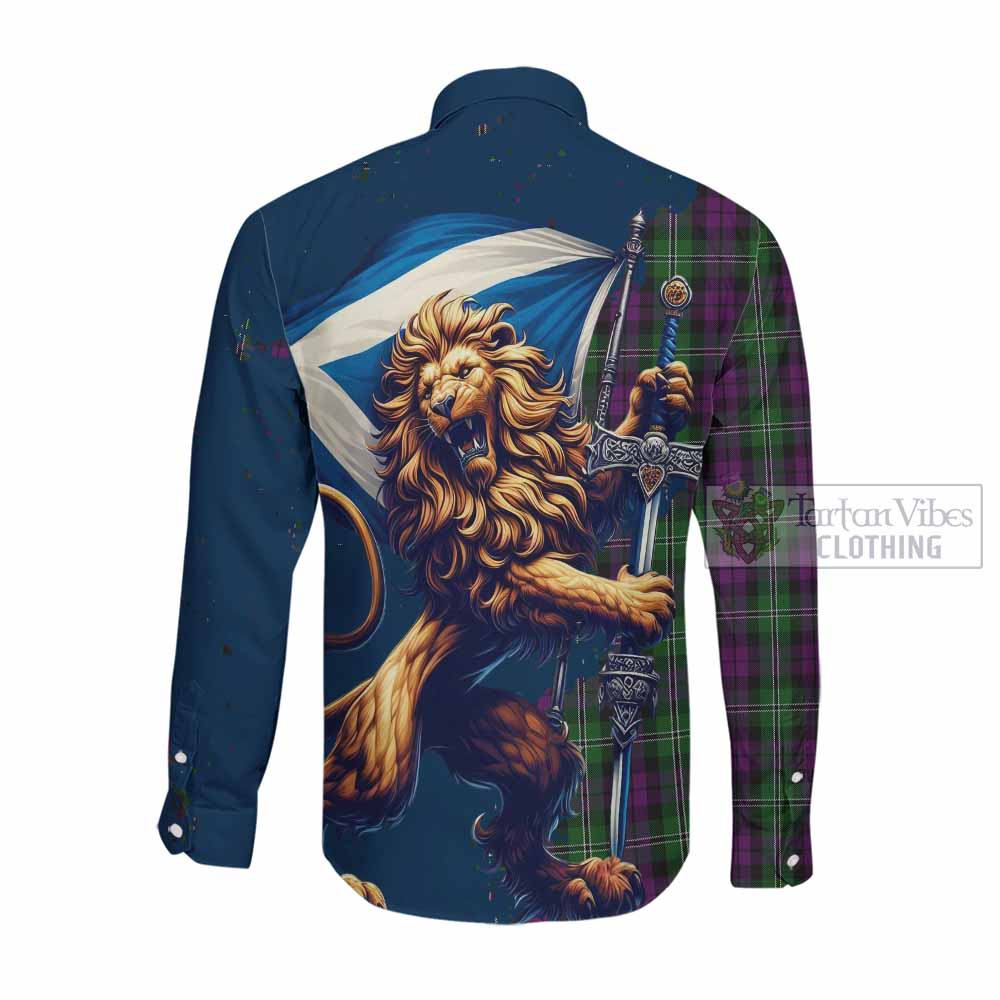 Tartan Vibes Clothing Wilson Tartan Family Crest Long Sleeve Button Shirt with Scottish Majestic Lion