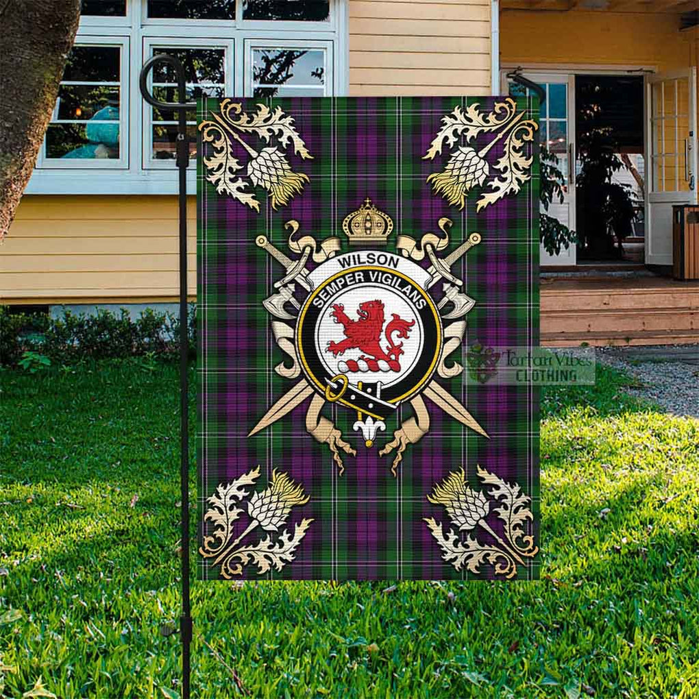 Tartan Vibes Clothing Wilson Tartan Flag with Family Crest and Golden Thistle Crossed Sword Design