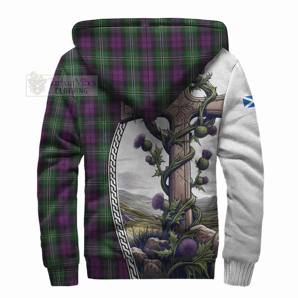 Tartan Vibes Clothing Wilson Tartan Sherpa Hoodie with Family Crest and St. Andrew's Cross Accented by Thistle Vines