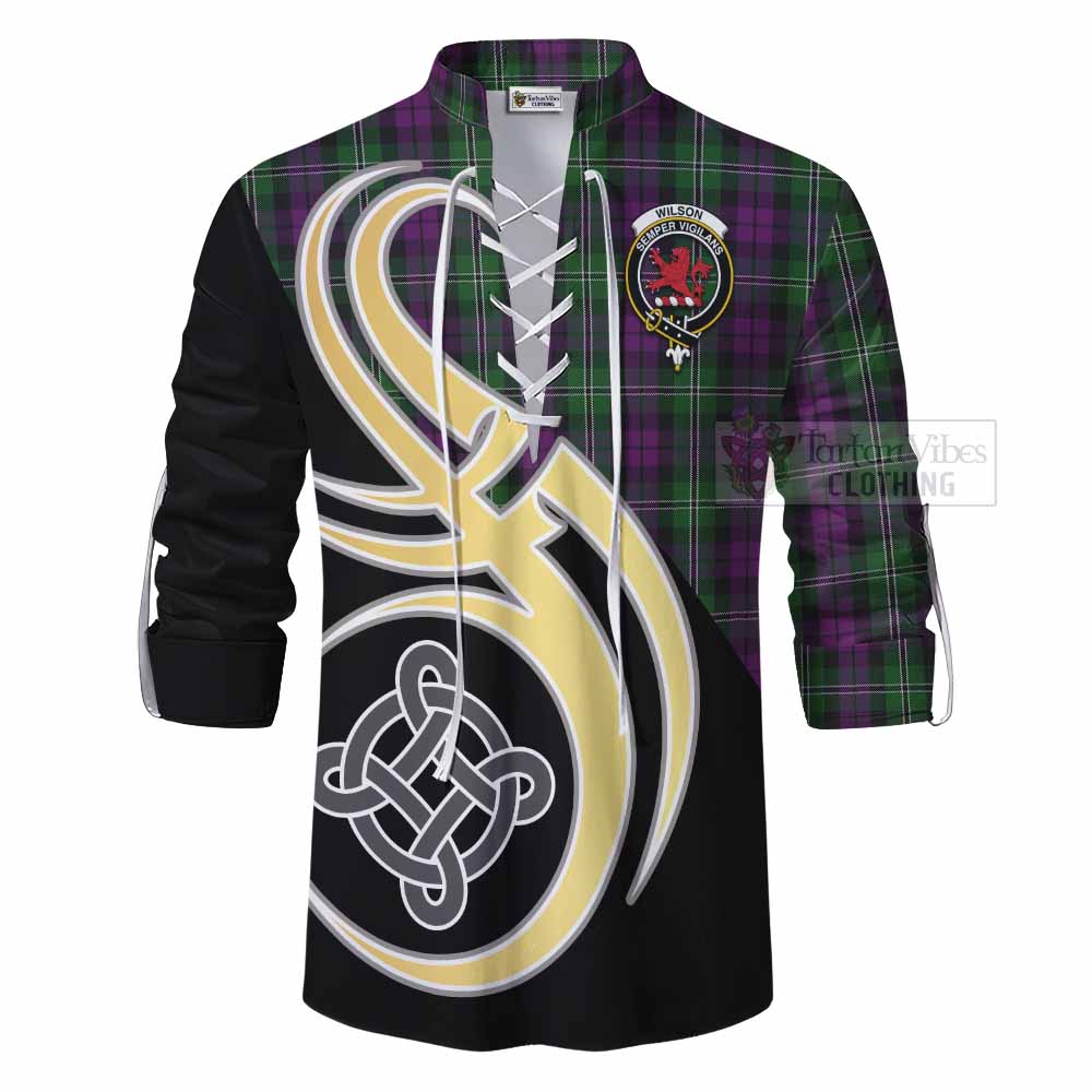 Tartan Vibes Clothing Wilson Tartan Ghillie Kilt Shirt with Family Crest and Celtic Symbol Style