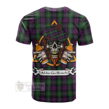 Wilson Tartan Cotton T-shirt with Family Crest and Bearded Skull Holding Bottles of Whiskey - Tartan Vibes Clothing