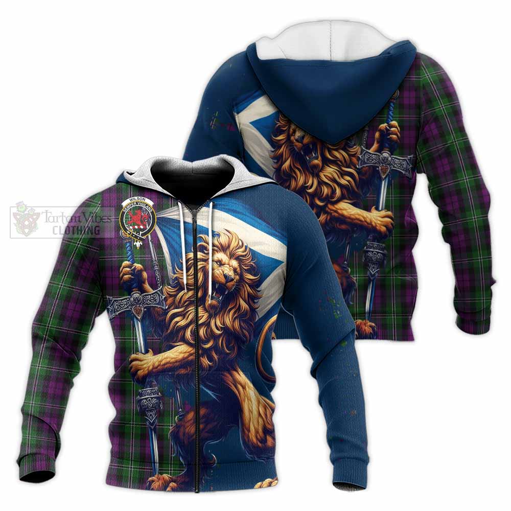 Tartan Vibes Clothing Wilson Tartan Family Crest Knitted Hoodie with Scottish Majestic Lion