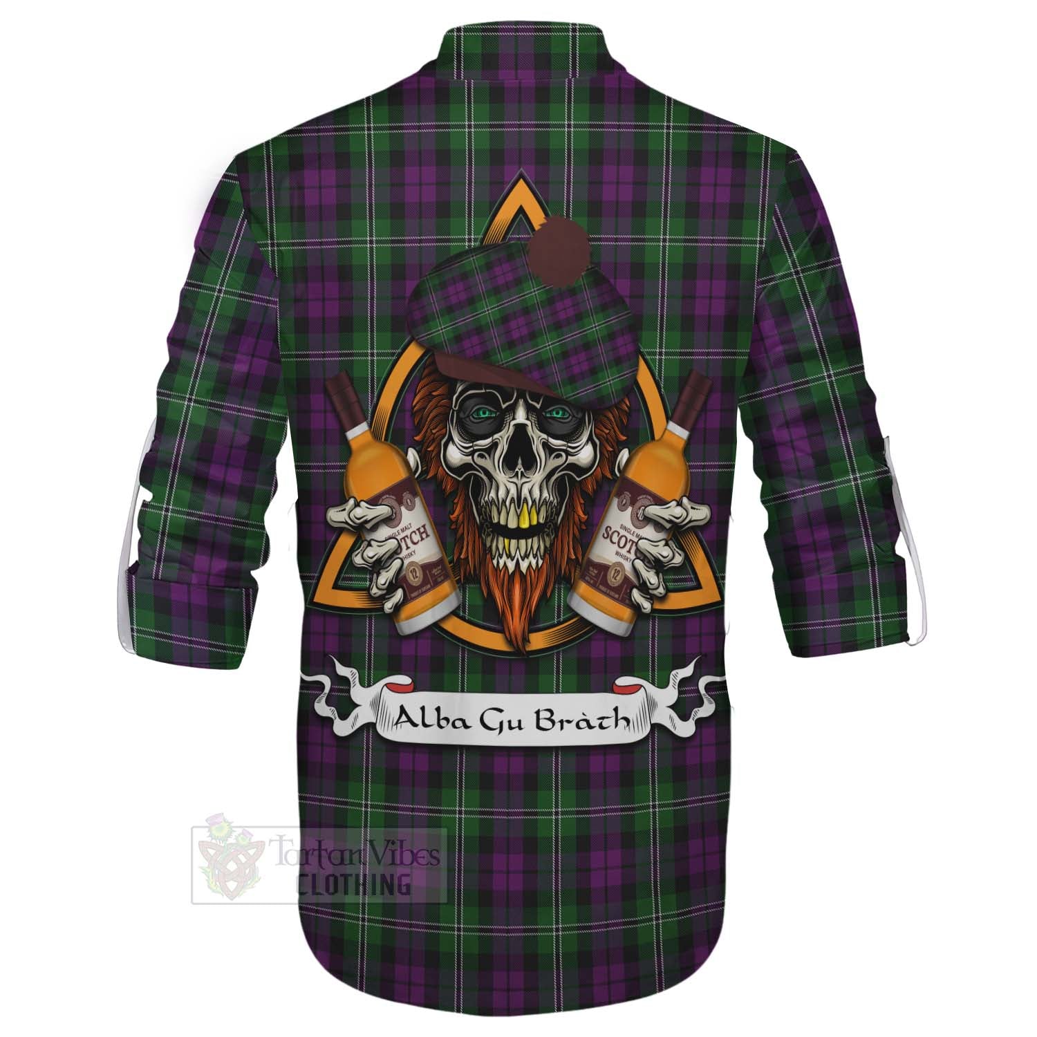 Tartan Vibes Clothing Wilson Tartan Ghillie Kilt Shirt with Family Crest and Bearded Skull Holding Bottles of Whiskey