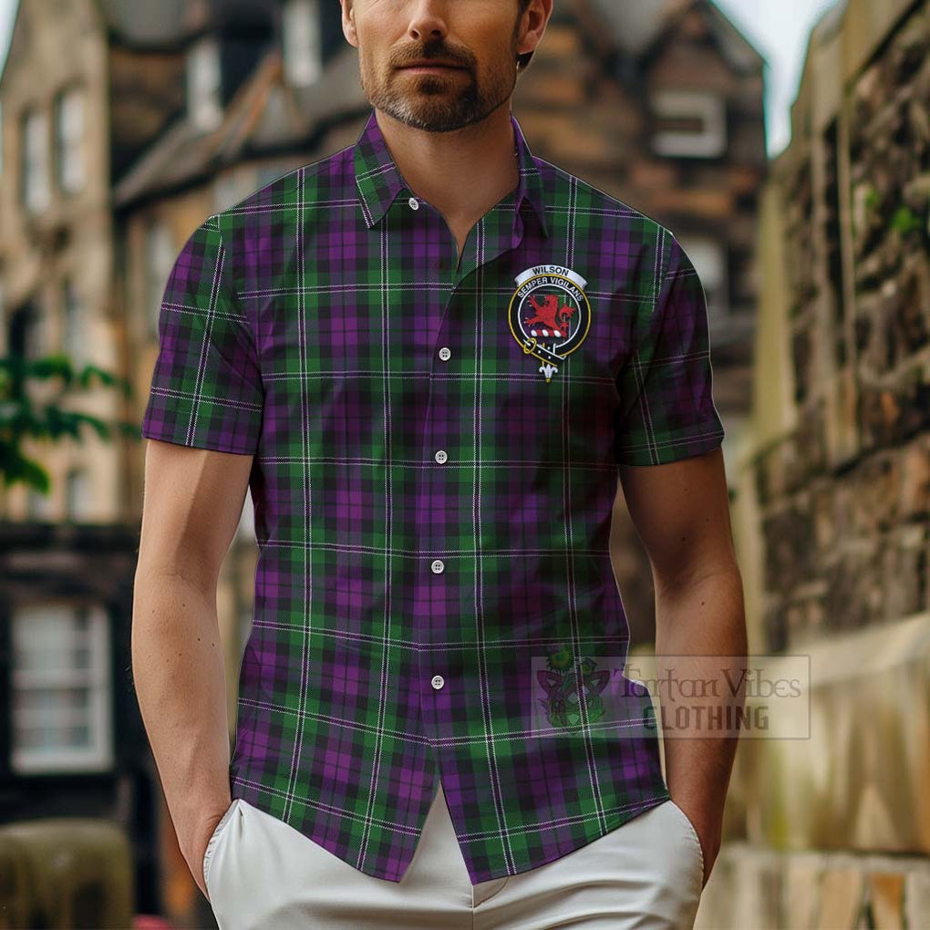 Tartan Vibes Clothing Wilson Tartan Short Sleeve Button Shirt with Family Crest Celtic Skull Style