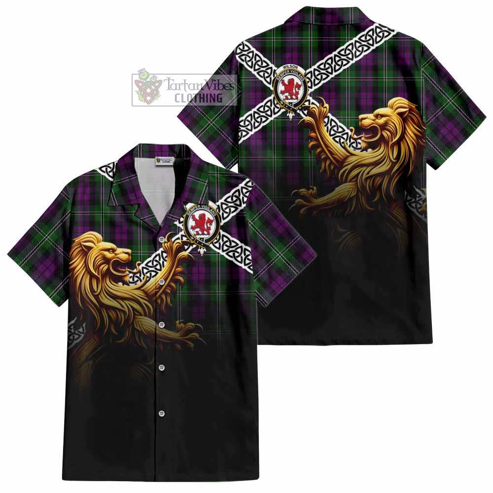 Wilson Crest Tartan Hawaiian Shirt with Golden Lion Emblem Celtic Style - Tartan Vibes Clothing