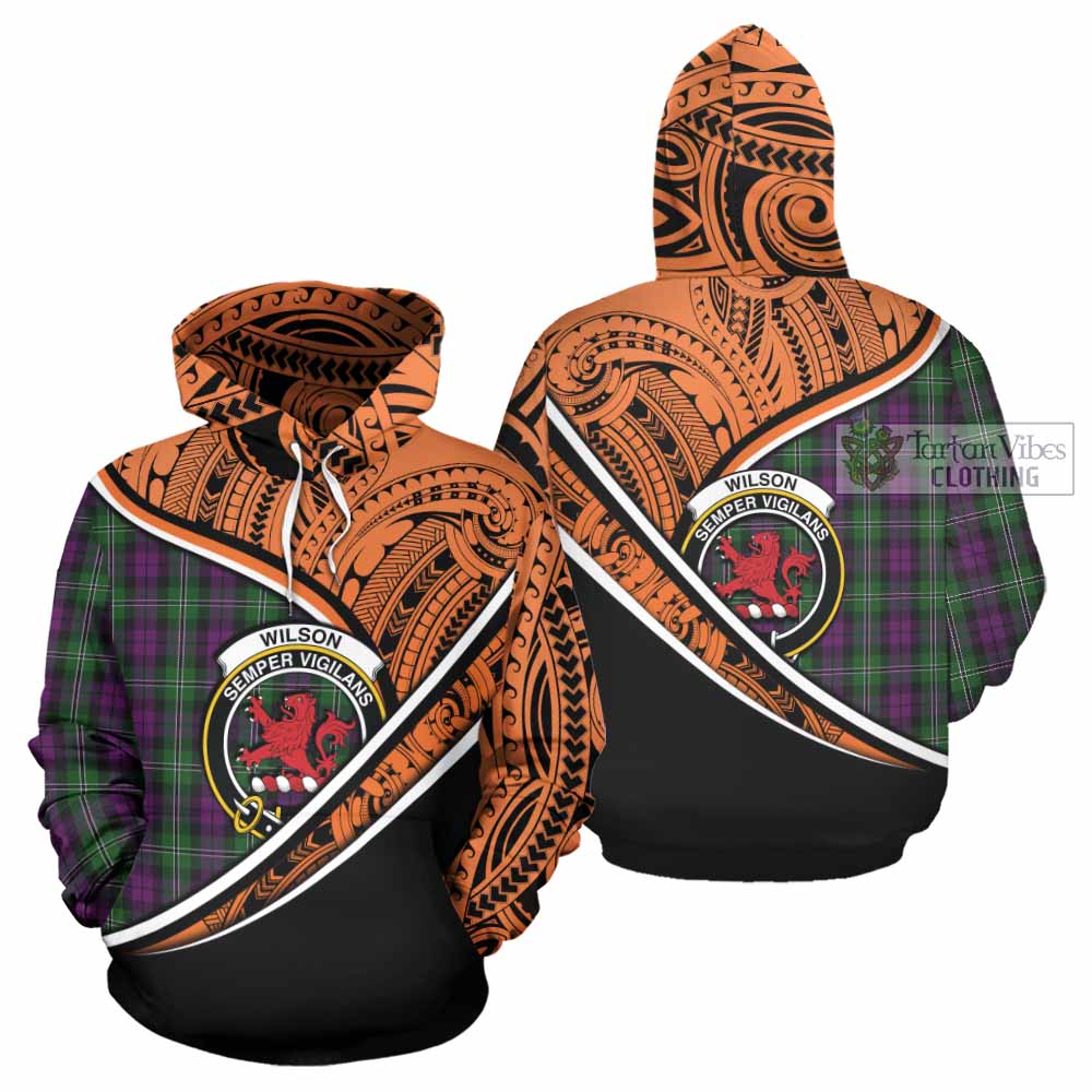 Tartan Vibes Clothing Wilson Crest Tartan Hoodie with Maori Tattoo Style - Orange Version