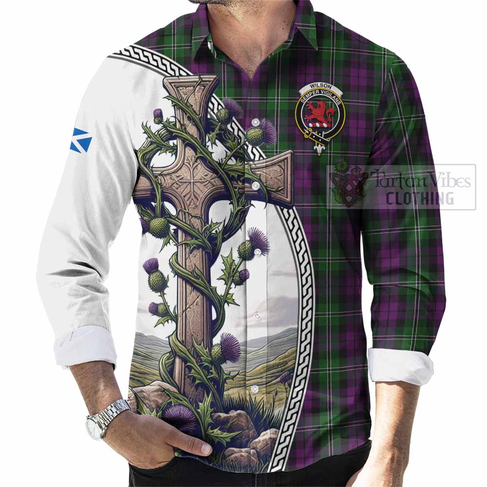 Tartan Vibes Clothing Wilson Tartan Long Sleeve Button Shirt with Family Crest and St. Andrew's Cross Accented by Thistle Vines