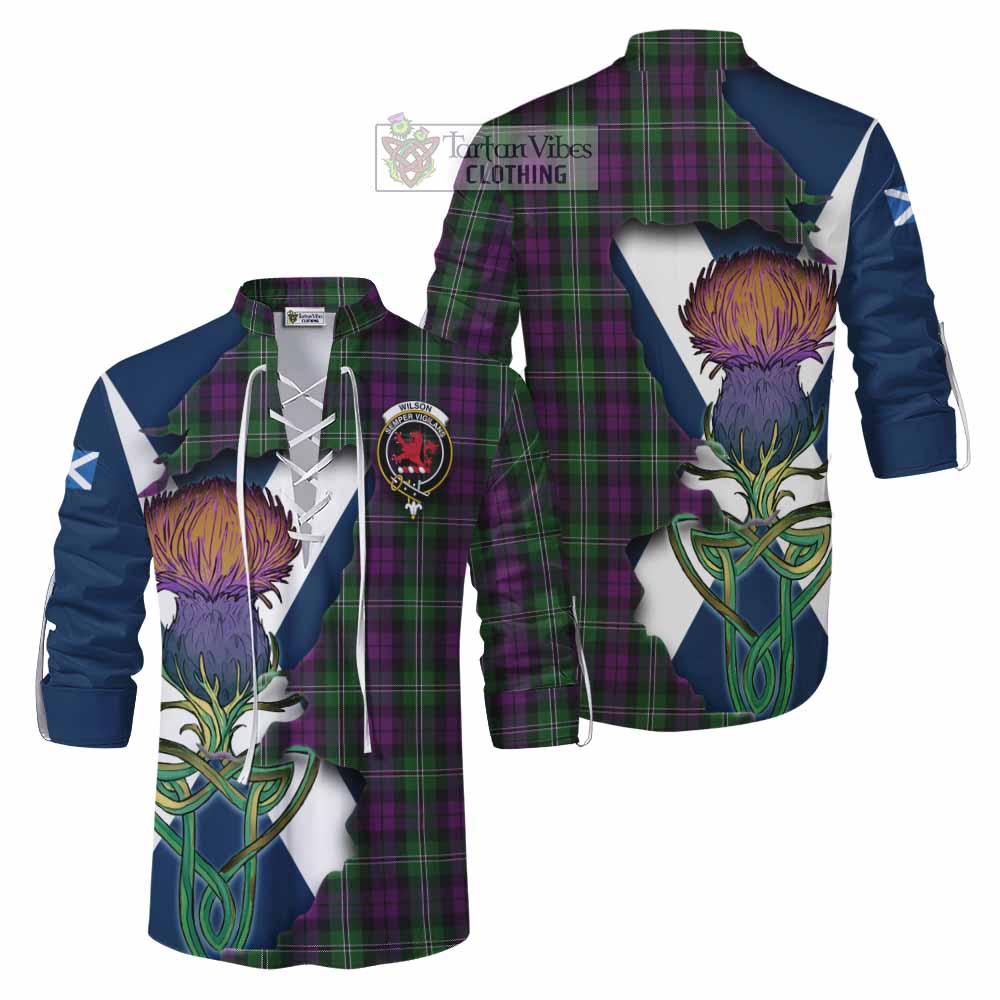Wilson Tartan Family Crest Ghillie Kilt Shirt Scottish Thistle Celtic Inspired - Tartan Vibes Clothing