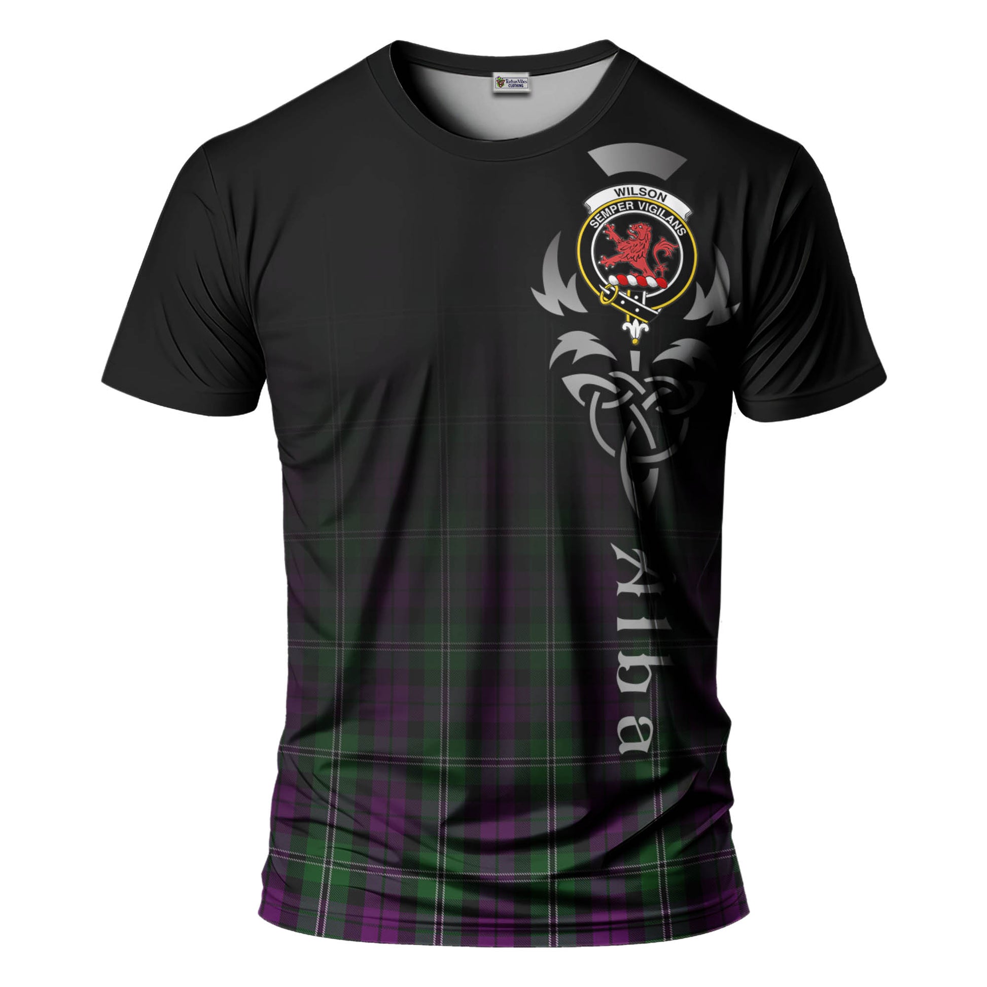 Tartan Vibes Clothing Wilson Tartan T-Shirt Featuring Alba Gu Brath Family Crest Celtic Inspired