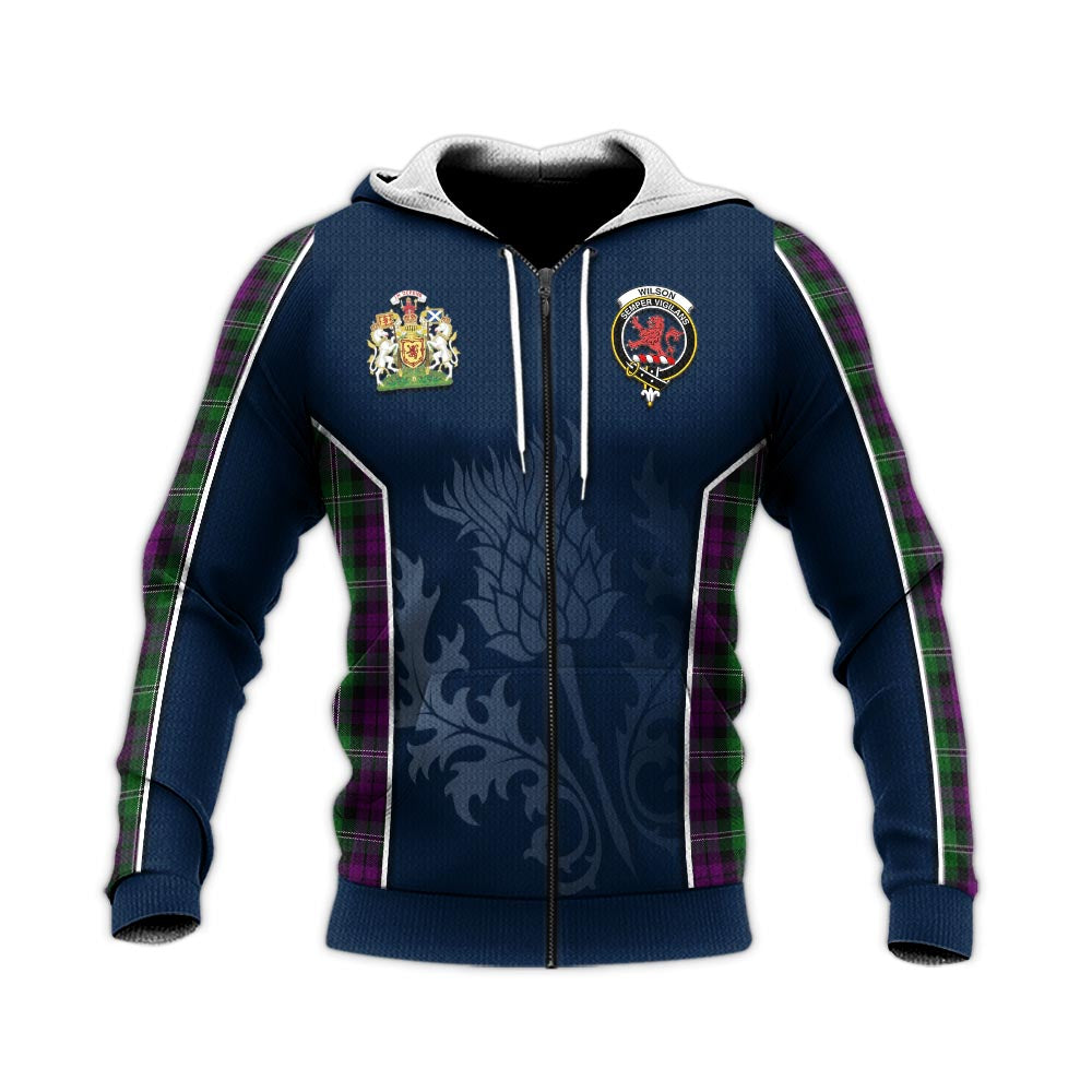 Tartan Vibes Clothing Wilson Tartan Knitted Hoodie with Family Crest and Scottish Thistle Vibes Sport Style