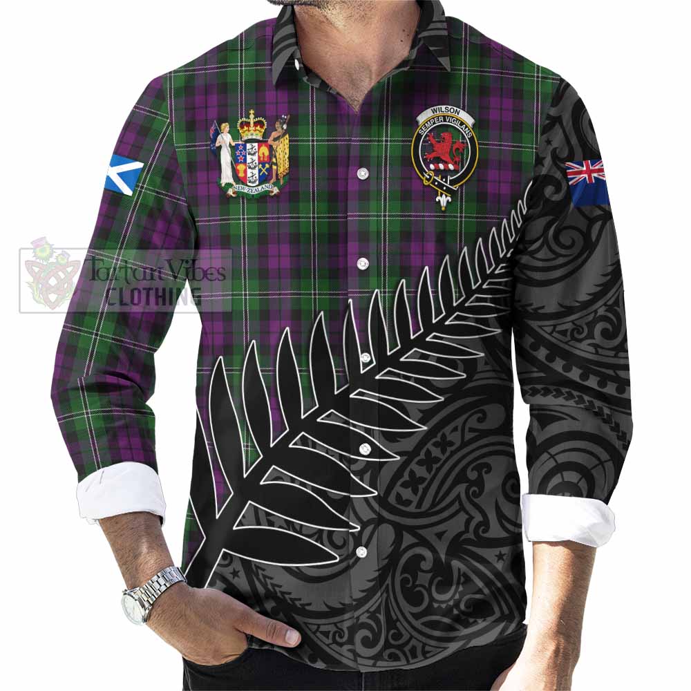 Tartan Vibes Clothing Wilson Crest Tartan Long Sleeve Button Shirt with New Zealand Silver Fern Half Style