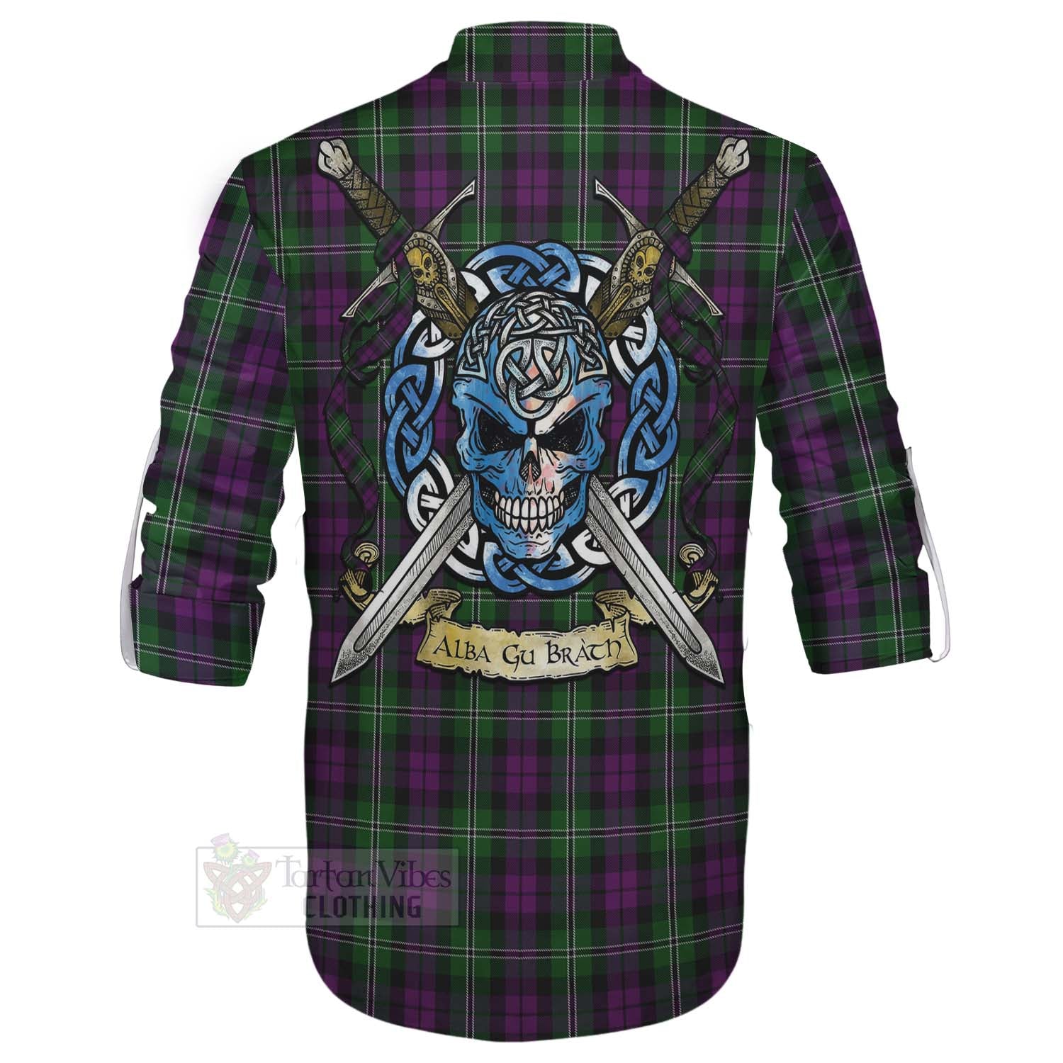 Tartan Vibes Clothing Wilson Tartan Ghillie Kilt Shirt with Family Crest Celtic Skull Style