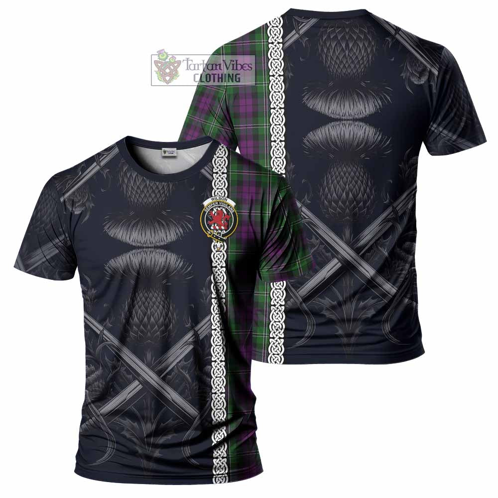 Tartan Vibes Clothing Wilson Tartan T-Shirt with Family Crest Cross Sword Thistle Celtic Vibes