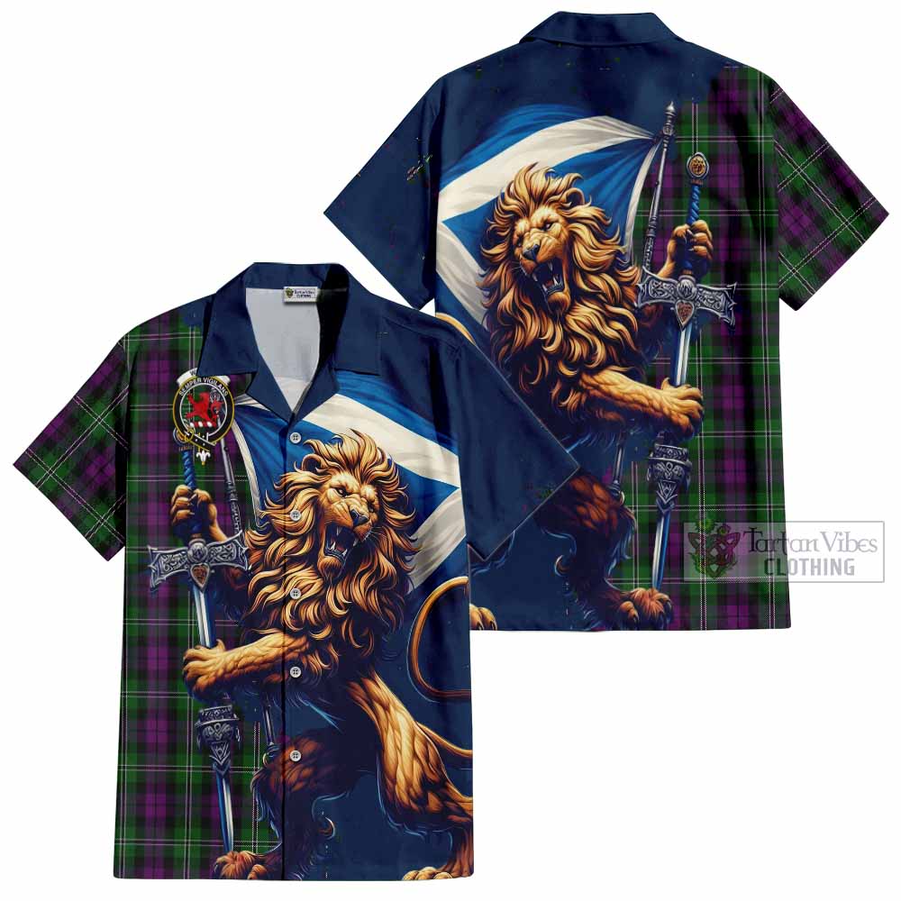 Tartan Vibes Clothing Wilson Tartan Family Crest Short Sleeve Button Shirt with Scottish Majestic Lion